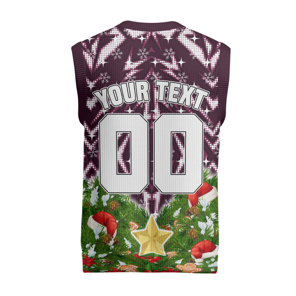 Personalised Sea Eagles Rugby Christmas Knitted V-Neck Vest Santa Rugby Mascot - Pine Wreath Festive