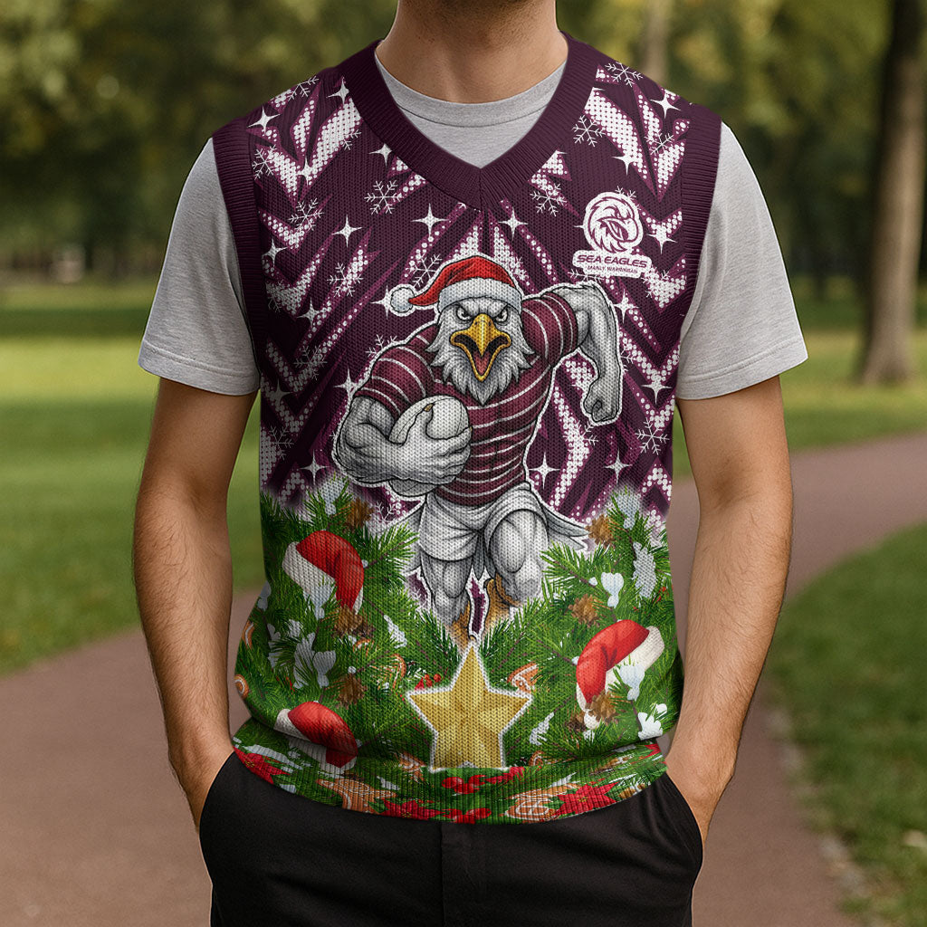 Personalised Sea Eagles Rugby Christmas Knitted V-Neck Vest Santa Rugby Mascot - Pine Wreath Festive