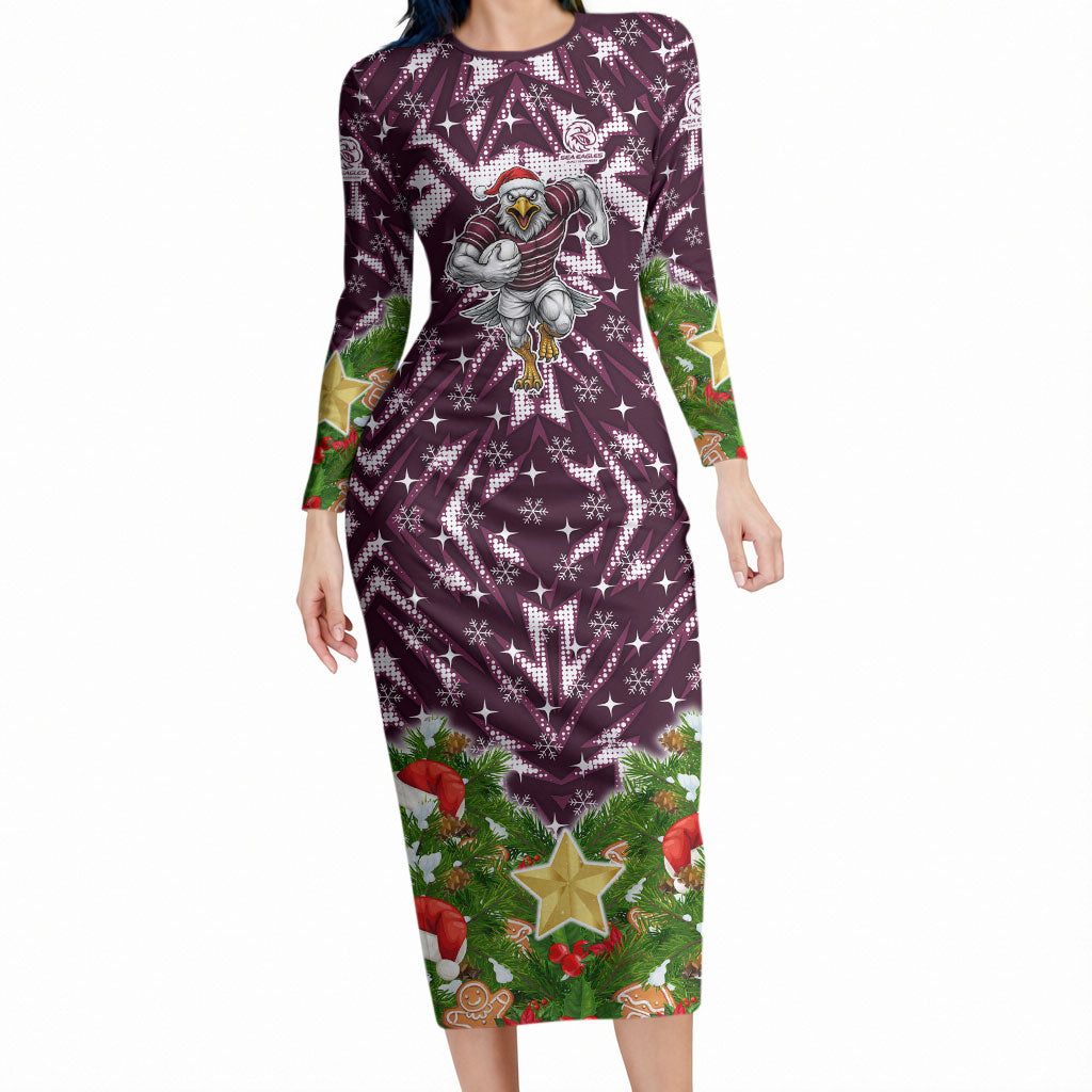 Personalised Sea Eagles Rugby Christmas Long Sleeve Bodycon Dress Santa Rugby Mascot - Pine Wreath Festive