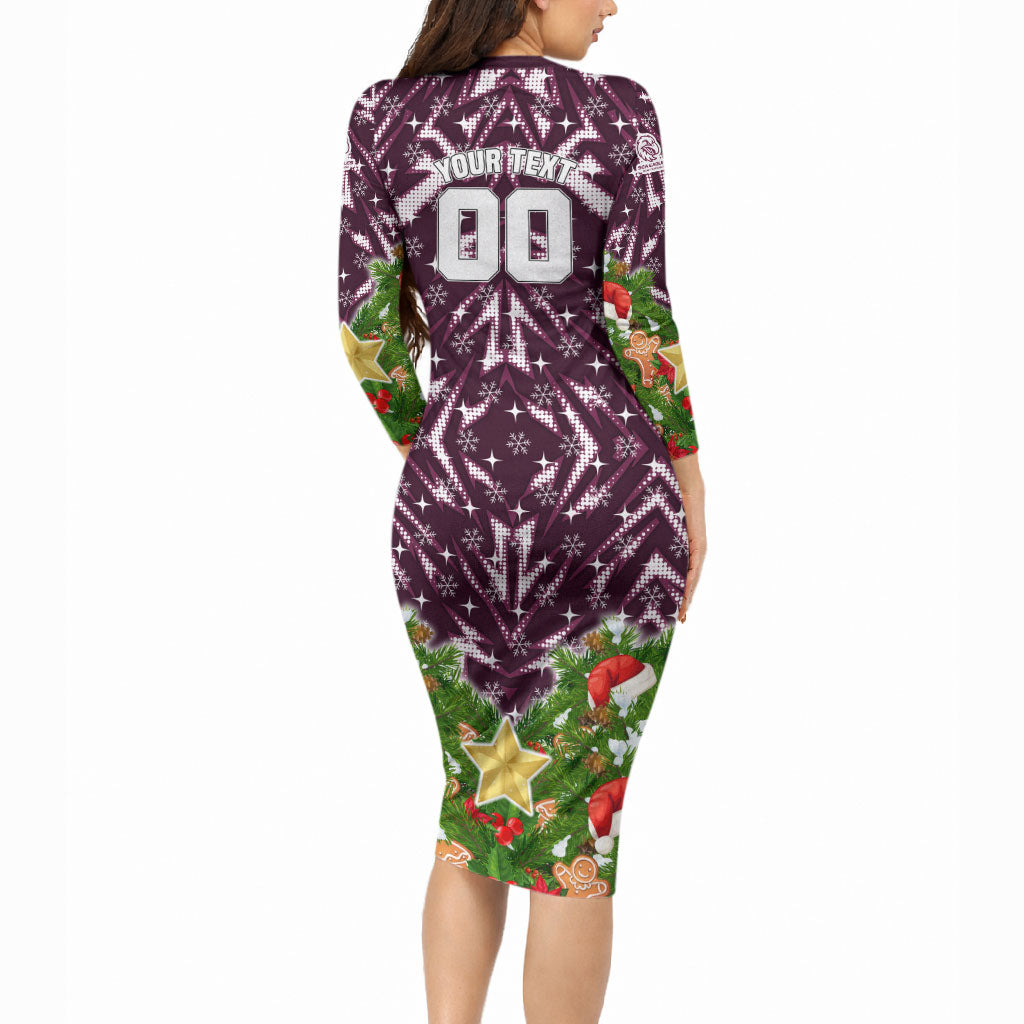 Personalised Sea Eagles Rugby Christmas Long Sleeve Bodycon Dress Santa Rugby Mascot - Pine Wreath Festive