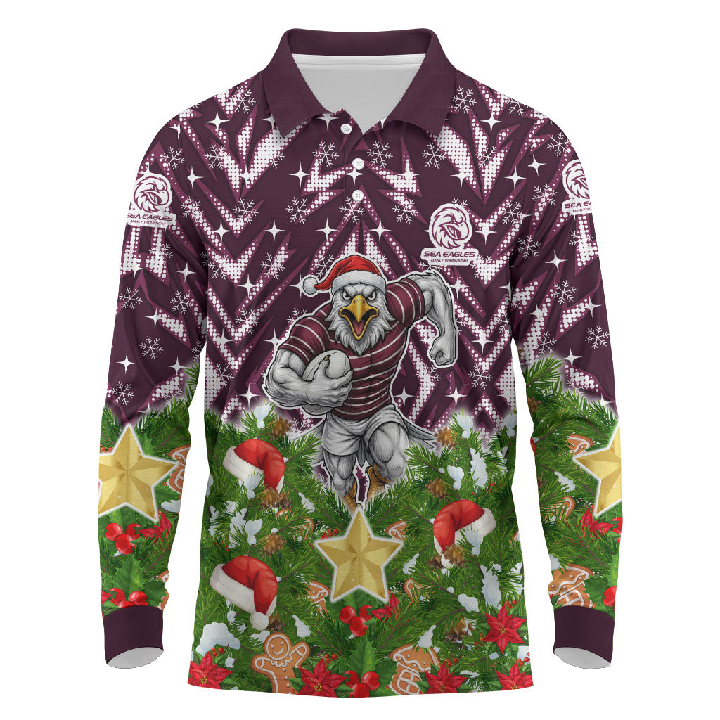 Personalised Sea Eagles Rugby Christmas Long Sleeve Polo Shirt Santa Rugby Mascot - Pine Wreath Festive