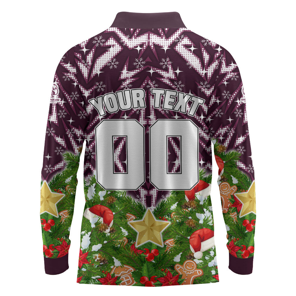 Personalised Sea Eagles Rugby Christmas Long Sleeve Polo Shirt Santa Rugby Mascot - Pine Wreath Festive