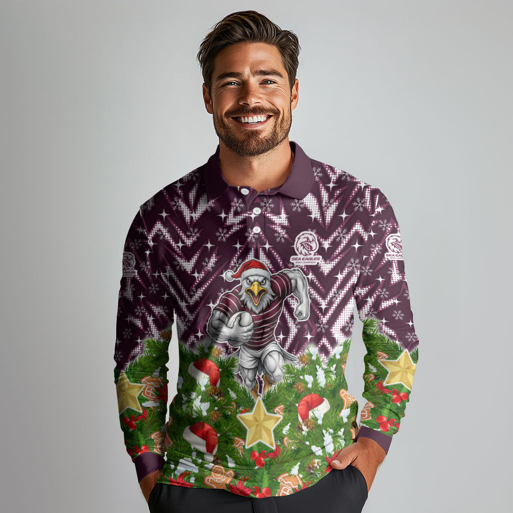 Personalised Sea Eagles Rugby Christmas Long Sleeve Polo Shirt Santa Rugby Mascot - Pine Wreath Festive