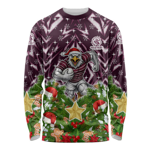 Personalised Sea Eagles Rugby Christmas Long Sleeve Shirt Santa Rugby Mascot - Pine Wreath Festive