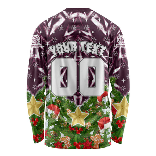 Personalised Sea Eagles Rugby Christmas Long Sleeve Shirt Santa Rugby Mascot - Pine Wreath Festive