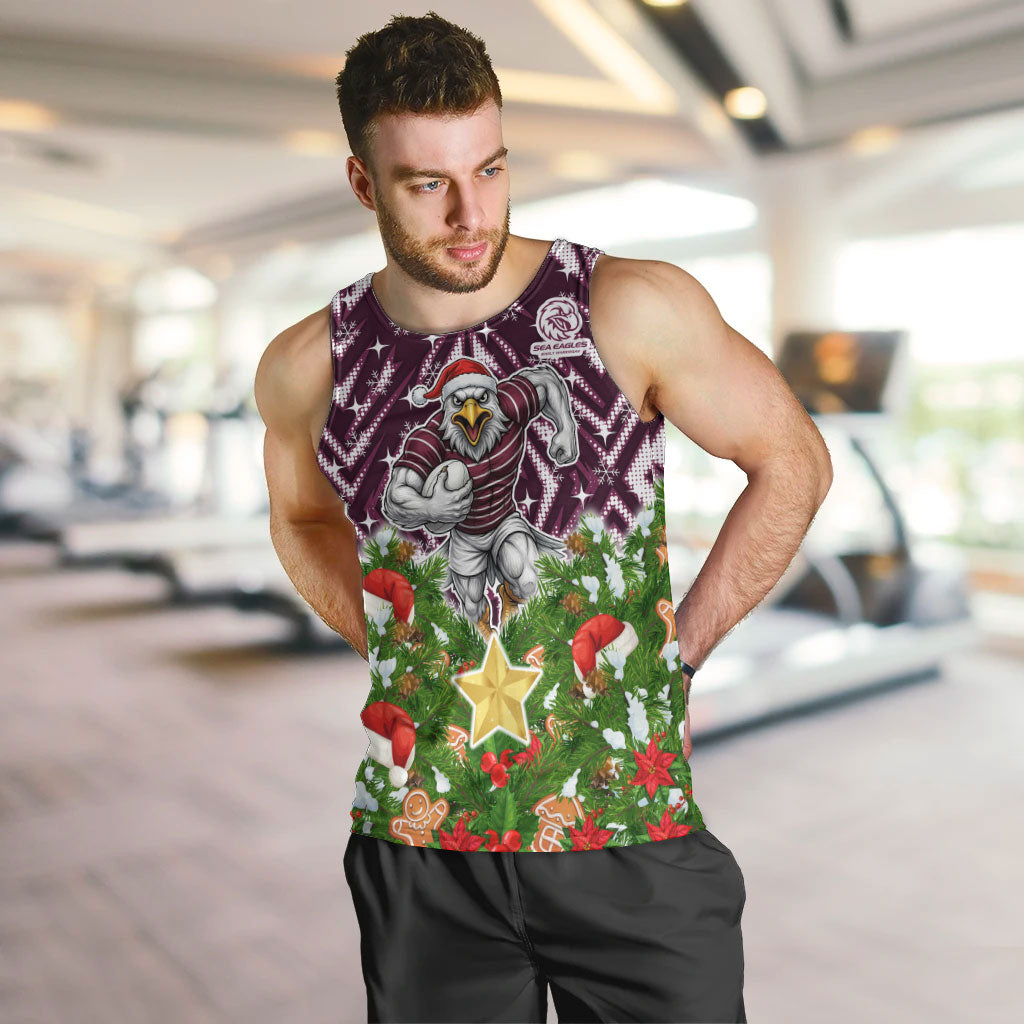 Personalised Sea Eagles Rugby Christmas Men Tank Top Santa Rugby Mascot - Pine Wreath Festive