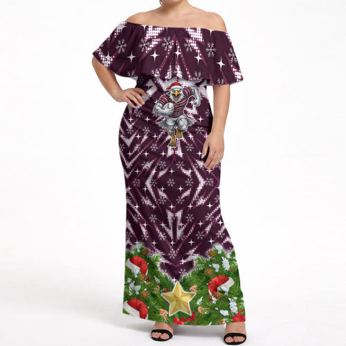 Personalised Sea Eagles Rugby Christmas Off Shoulder Maxi Dress Santa Rugby Mascot - Pine Wreath Festive