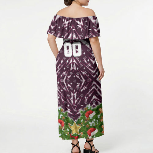 Personalised Sea Eagles Rugby Christmas Off Shoulder Maxi Dress Santa Rugby Mascot - Pine Wreath Festive