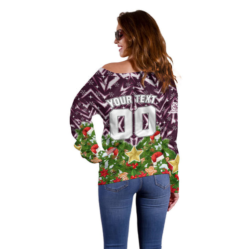 Personalised Sea Eagles Rugby Christmas Off Shoulder Sweater Santa Rugby Mascot - Pine Wreath Festive