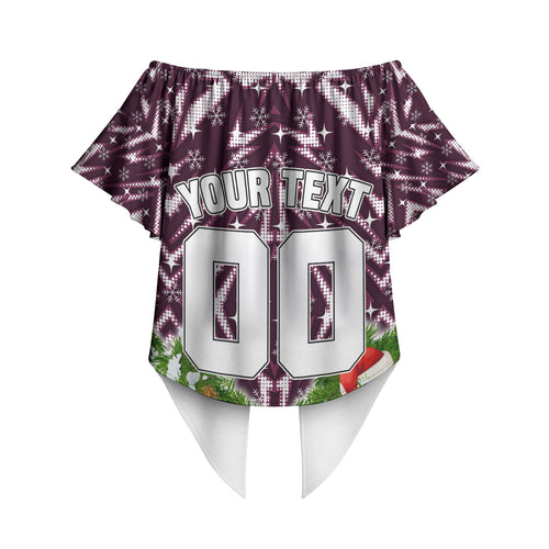 Personalised Sea Eagles Rugby Christmas Off Shoulder Wrap Waist Top Santa Rugby Mascot - Pine Wreath Festive