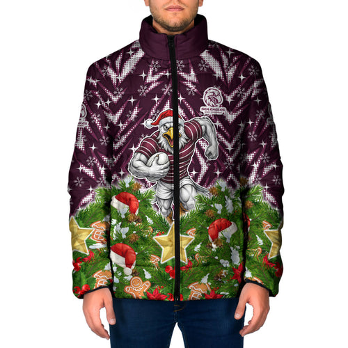 Personalised Sea Eagles Rugby Christmas Padded Jacket Santa Rugby Mascot - Pine Wreath Festive
