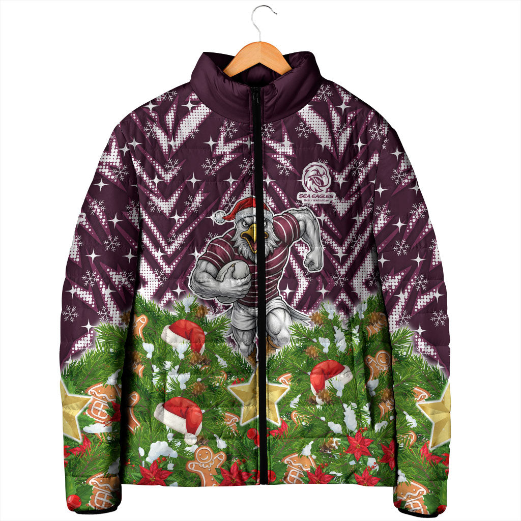 Personalised Sea Eagles Rugby Christmas Padded Jacket Santa Rugby Mascot - Pine Wreath Festive