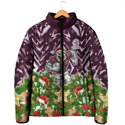Personalised Sea Eagles Rugby Christmas Padded Jacket Santa Rugby Mascot - Pine Wreath Festive