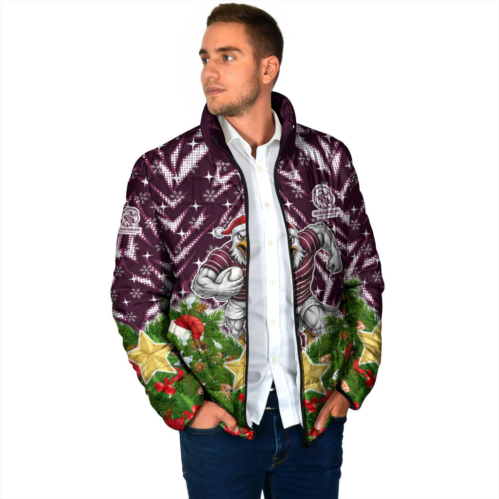 Personalised Sea Eagles Rugby Christmas Padded Jacket Santa Rugby Mascot - Pine Wreath Festive