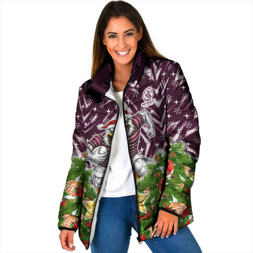 Personalised Sea Eagles Rugby Christmas Padded Jacket Santa Rugby Mascot - Pine Wreath Festive