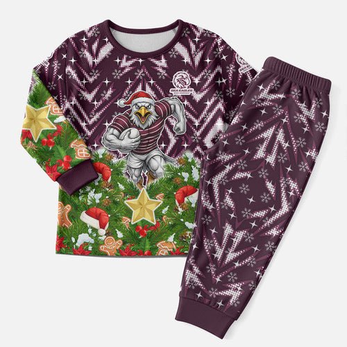 Personalised Sea Eagles Rugby Christmas Pajama Set Santa Rugby Mascot - Pine Wreath Festive