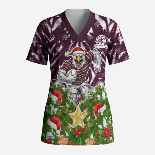 Personalised Sea Eagles Rugby Christmas Scrub Top Santa Rugby Mascot - Pine Wreath Festive