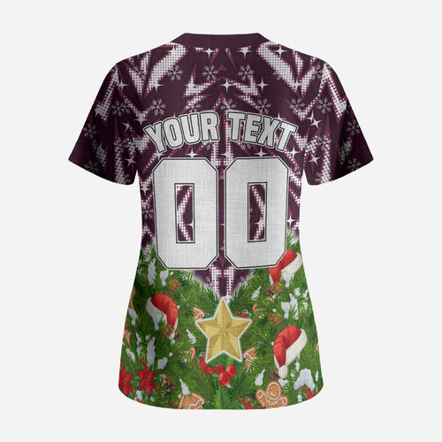 Personalised Sea Eagles Rugby Christmas Scrub Top Santa Rugby Mascot - Pine Wreath Festive