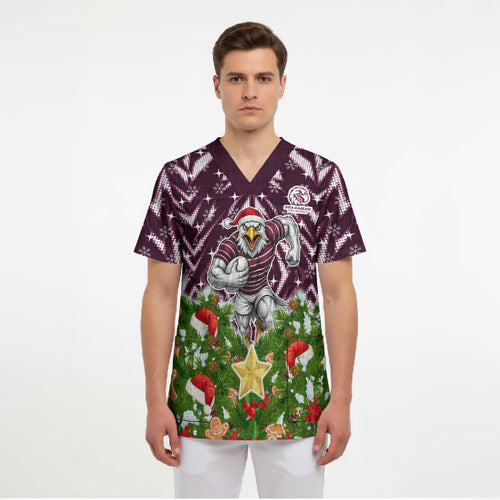 Personalised Sea Eagles Rugby Christmas Scrub Top Santa Rugby Mascot - Pine Wreath Festive