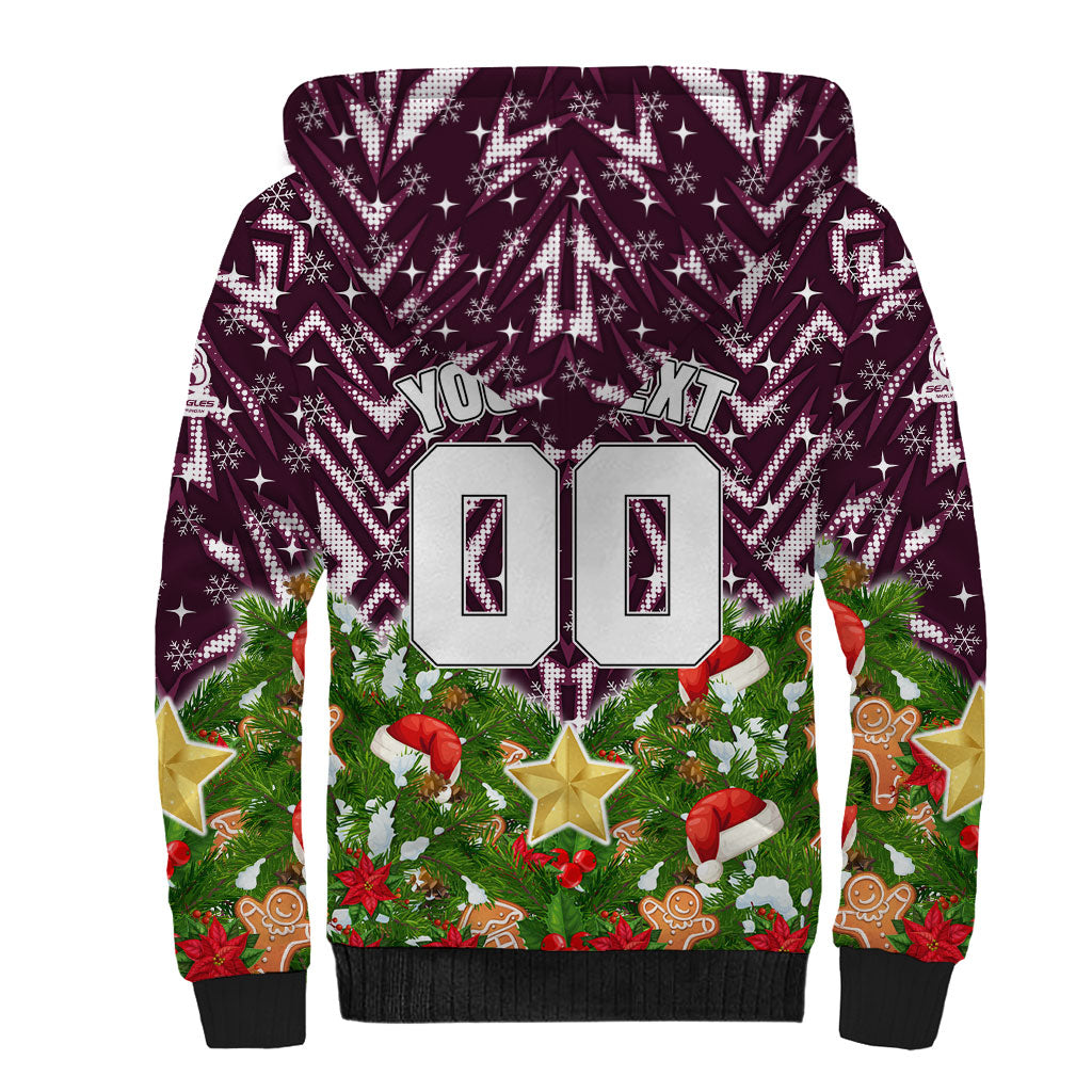 Personalised Sea Eagles Rugby Christmas Sherpa Hoodie Santa Rugby Mascot - Pine Wreath Festive