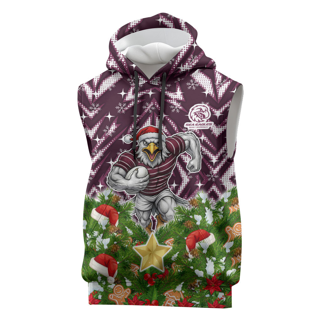 Personalised Sea Eagles Rugby Christmas Sleeveless Hoodie Santa Rugby Mascot - Pine Wreath Festive