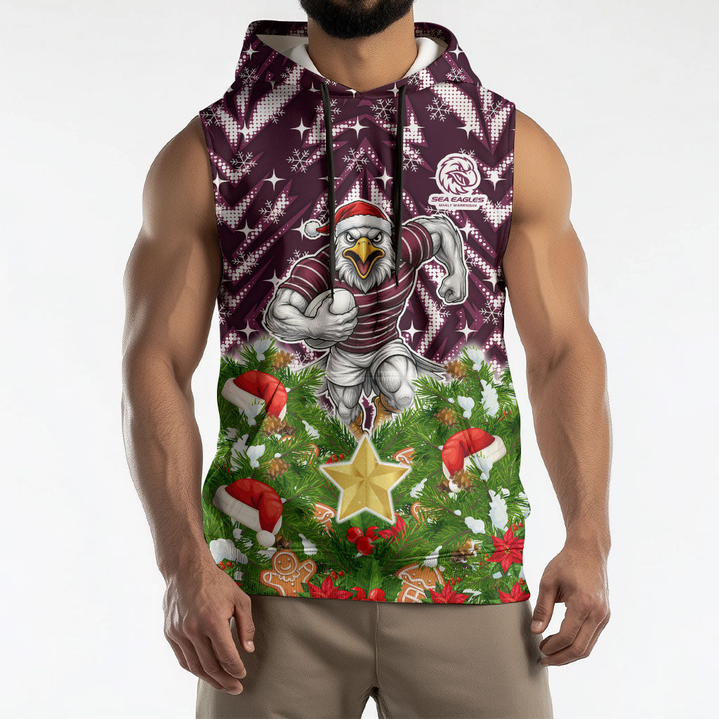 Personalised Sea Eagles Rugby Christmas Sleeveless Hoodie Santa Rugby Mascot - Pine Wreath Festive