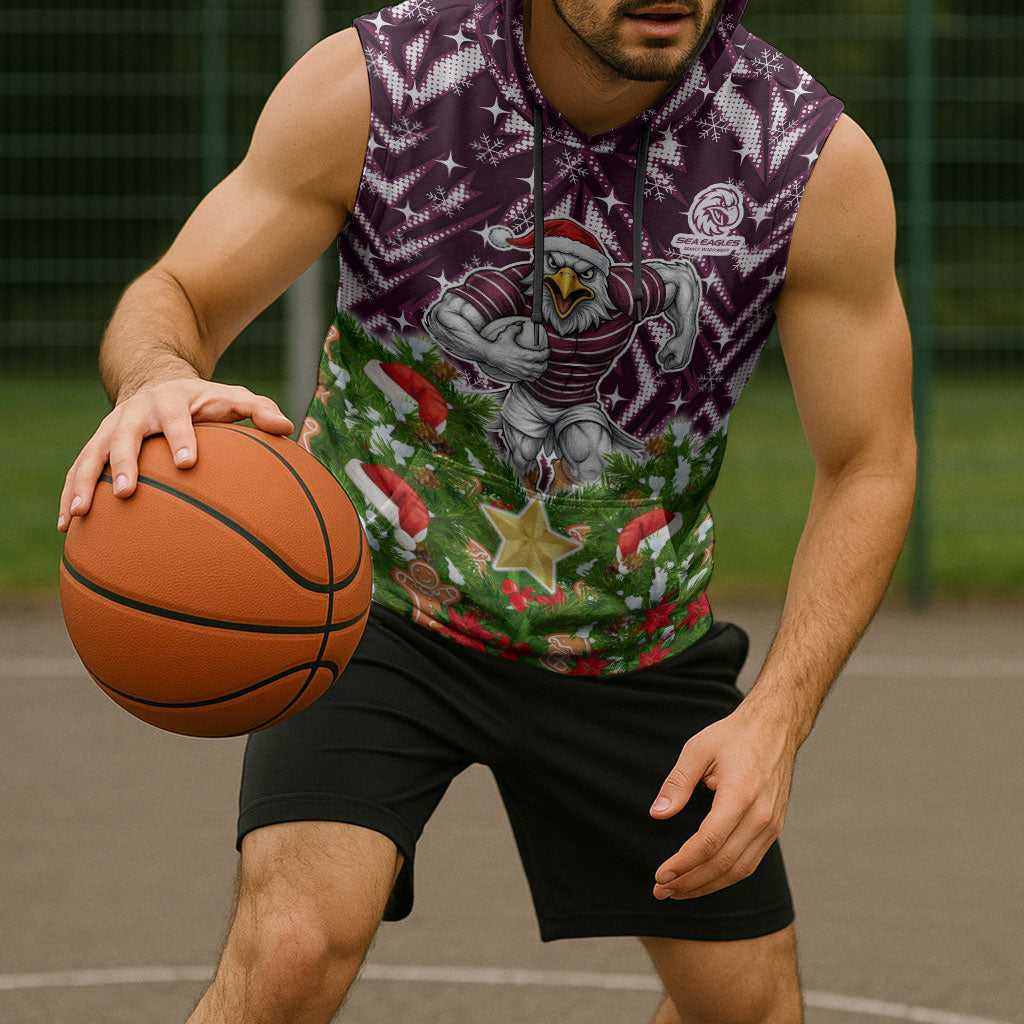 Personalised Sea Eagles Rugby Christmas Sleeveless Hoodie Santa Rugby Mascot - Pine Wreath Festive