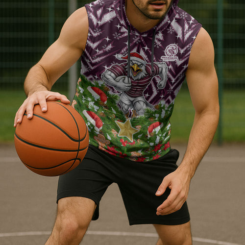 Personalised Sea Eagles Rugby Christmas Sleeveless Hoodie Santa Rugby Mascot - Pine Wreath Festive