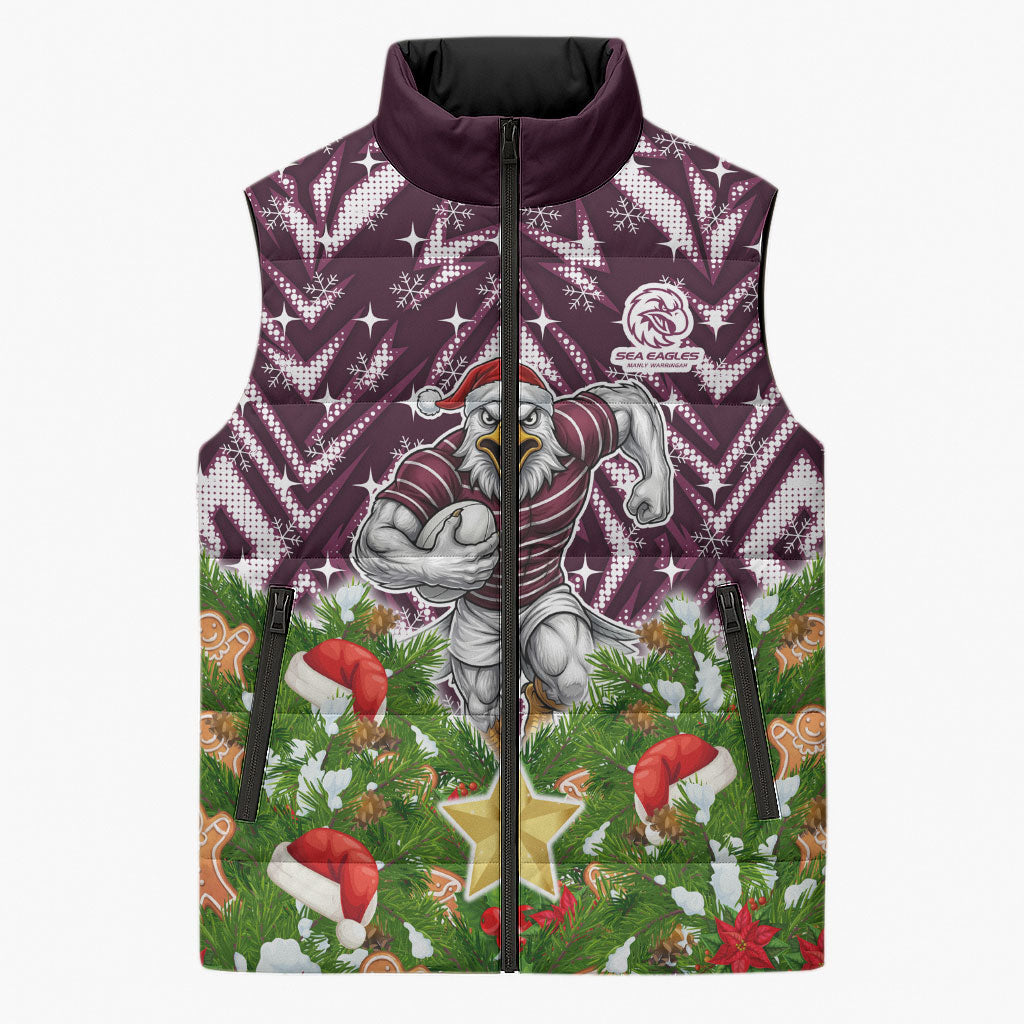 Personalised Sea Eagles Rugby Christmas Sleeveless Puffer Jacket Santa Rugby Mascot - Pine Wreath Festive