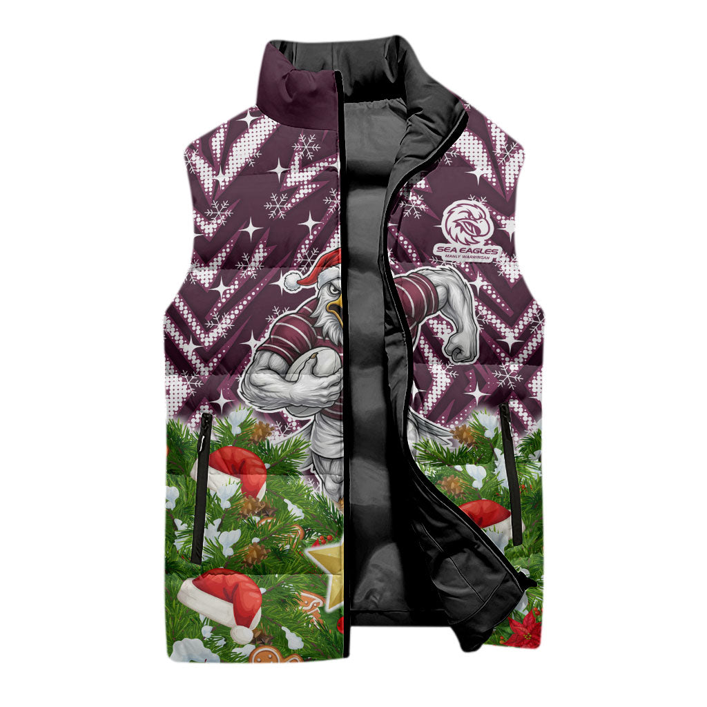 Personalised Sea Eagles Rugby Christmas Sleeveless Puffer Jacket Santa Rugby Mascot - Pine Wreath Festive