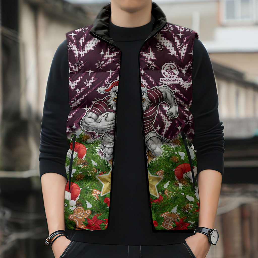 Personalised Sea Eagles Rugby Christmas Sleeveless Puffer Jacket Santa Rugby Mascot - Pine Wreath Festive