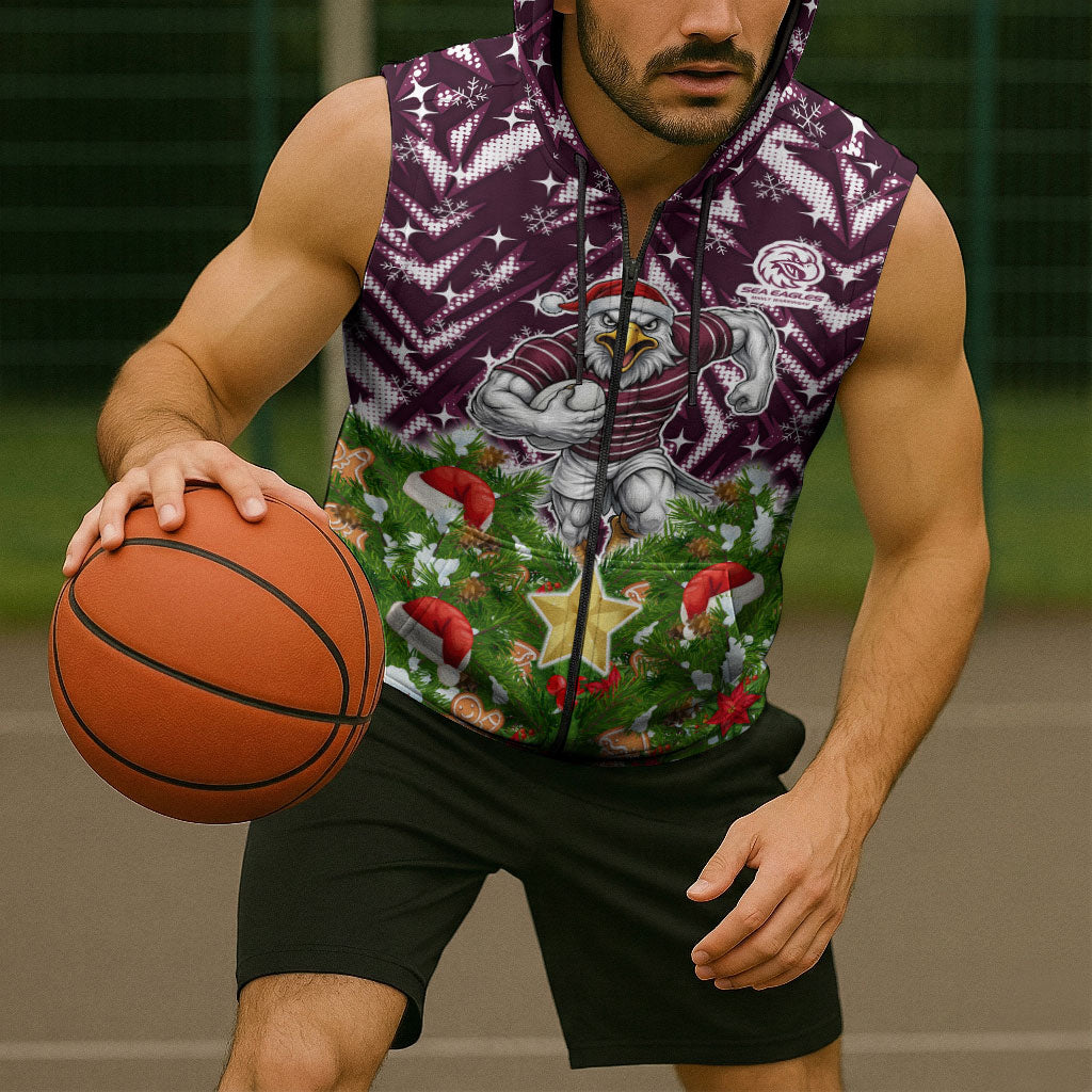 Personalised Sea Eagles Rugby Christmas Sleeveless Zip Hoodie Santa Rugby Mascot - Pine Wreath Festive