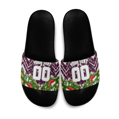 Personalised Sea Eagles Rugby Christmas Slide Sandals Santa Rugby Mascot - Pine Wreath Festive