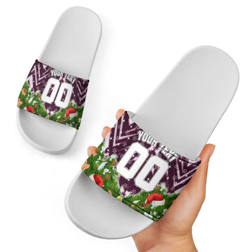 Personalised Sea Eagles Rugby Christmas Slide Sandals Santa Rugby Mascot - Pine Wreath Festive