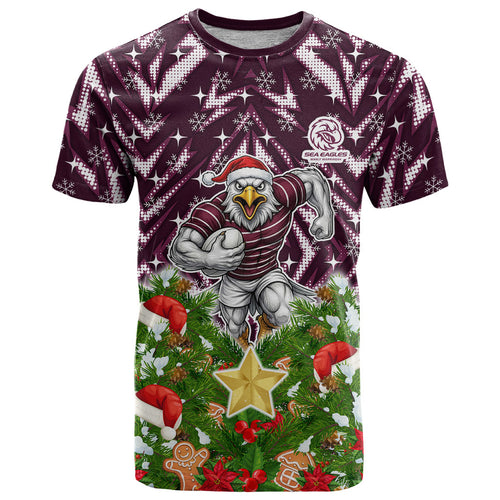 Personalised Sea Eagles Rugby Christmas T Shirt Santa Rugby Mascot - Pine Wreath Festive