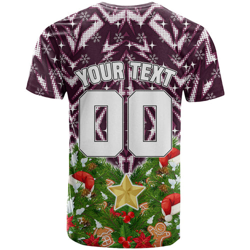 Personalised Sea Eagles Rugby Christmas T Shirt Santa Rugby Mascot - Pine Wreath Festive