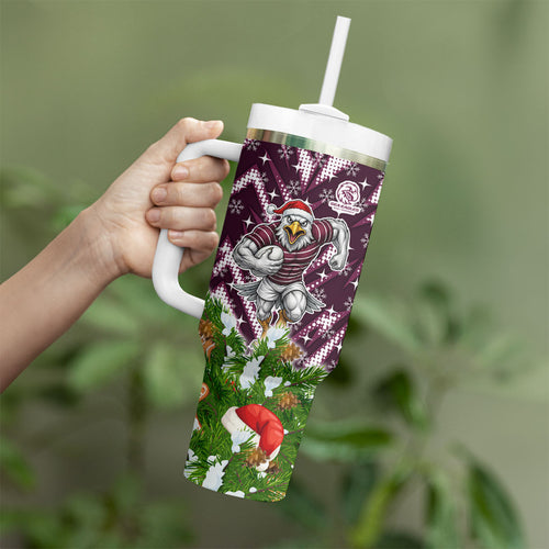 Personalised Sea Eagles Rugby Christmas Tumbler With Handle Santa Rugby Mascot - Pine Wreath Festive