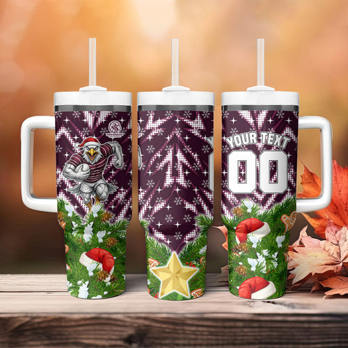 Personalised Sea Eagles Rugby Christmas Tumbler With Handle Santa Rugby Mascot - Pine Wreath Festive