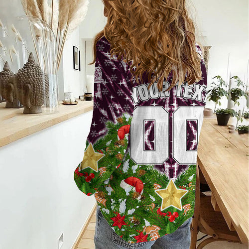 Personalised Sea Eagles Rugby Christmas Women Casual Shirt Santa Rugby Mascot - Pine Wreath Festive