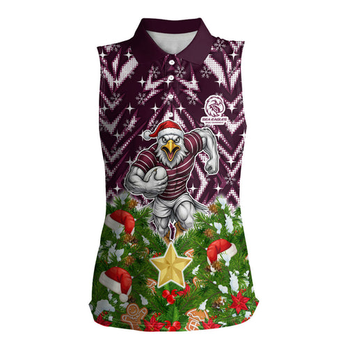 Personalised Sea Eagles Rugby Christmas Women Sleeveless Polo Shirt Santa Rugby Mascot - Pine Wreath Festive