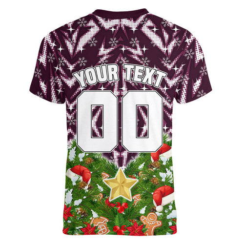 Personalised Sea Eagles Rugby Christmas Women V-Neck T-Shirt Santa Rugby Mascot - Pine Wreath Festive
