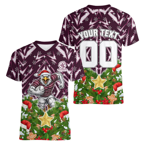 Personalised Sea Eagles Rugby Christmas Women V-Neck T-Shirt Santa Rugby Mascot - Pine Wreath Festive