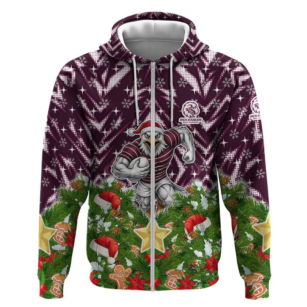Personalised Sea Eagles Rugby Christmas Zip Hoodie Santa Rugby Mascot - Pine Wreath Festive