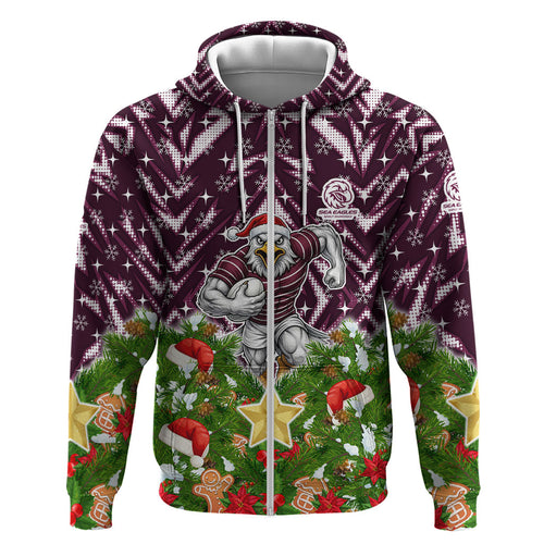 Personalised Sea Eagles Rugby Christmas Zip Hoodie Santa Rugby Mascot - Pine Wreath Festive