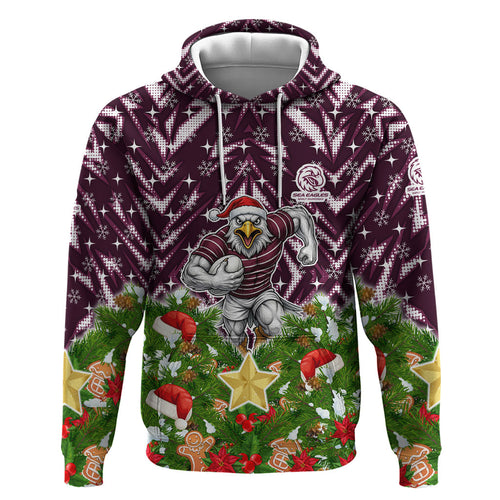 Personalised Sea Eagles Rugby Christmas Zip Hoodie Santa Rugby Mascot - Pine Wreath Festive