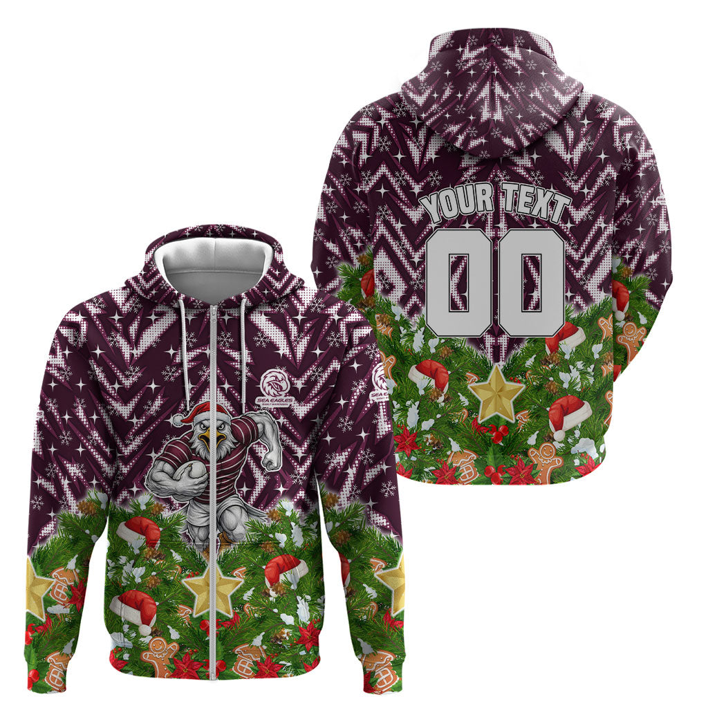 Personalised Sea Eagles Rugby Christmas Zip Hoodie Santa Rugby Mascot - Pine Wreath Festive