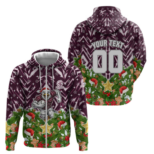 Personalised Sea Eagles Rugby Christmas Zip Hoodie Santa Rugby Mascot - Pine Wreath Festive