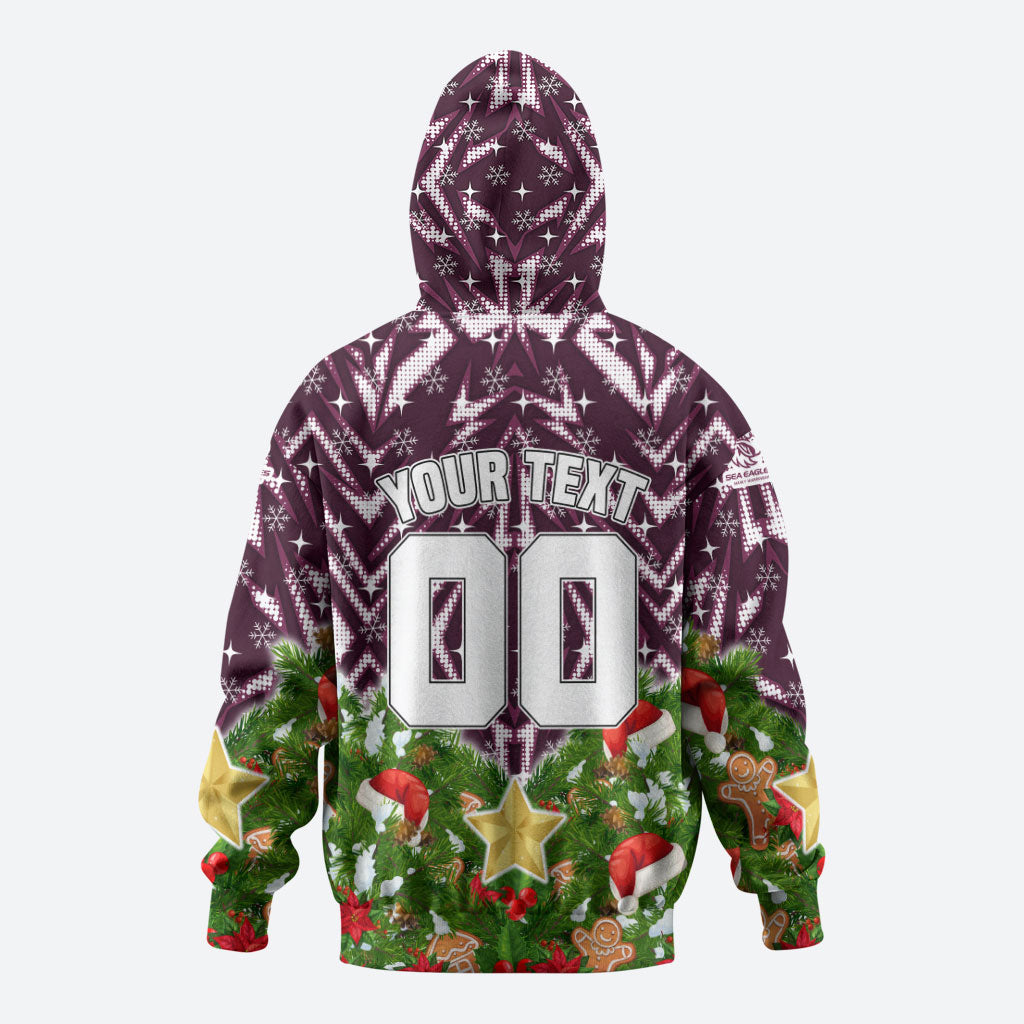 Personalised Sea Eagles Rugby Christmas Zip Hoodie Santa Rugby Mascot - Pine Wreath Festive