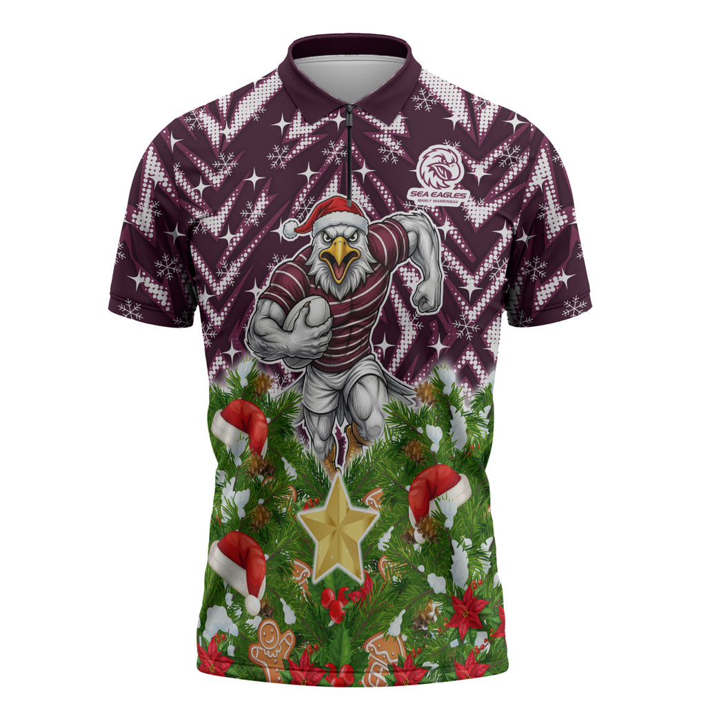 Personalised Sea Eagles Rugby Christmas Zipper Polo Shirt Santa Rugby Mascot - Pine Wreath Festive