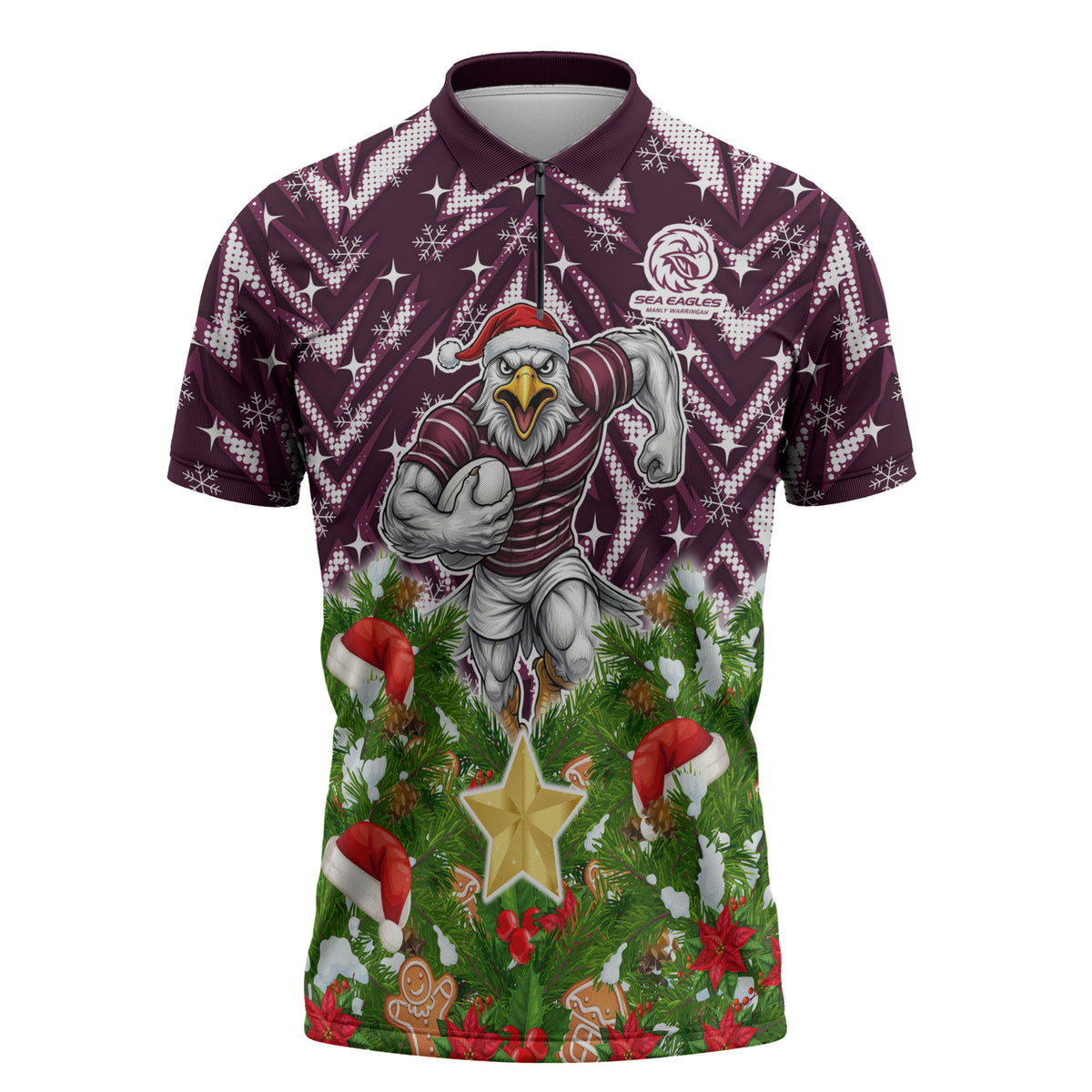Personalised Sea Eagles Rugby Christmas Zipper Polo Shirt Santa Rugby Mascot - Pine Wreath Festive